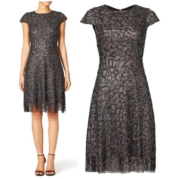 Ml Monique Lhuillier Broken glass beaded black dress